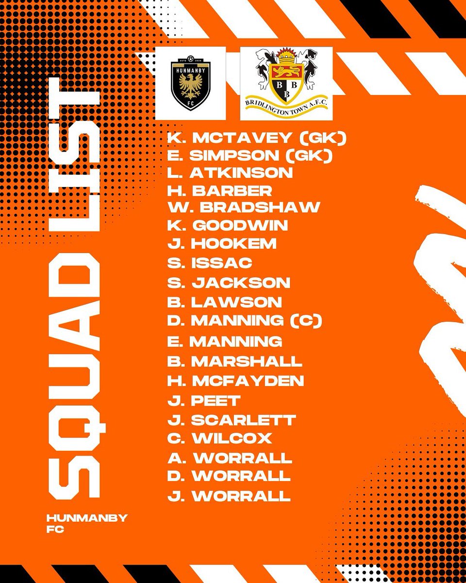 ⚽️ Pre-Season Squad List ⚽️

Time for Hunmanby FC’s first ever fixture. A friendly against Bridlington Town Vets 

Kickoff today is 2pm @ Hunmanby Playing Fields Association

🟠⚫️⚪️
