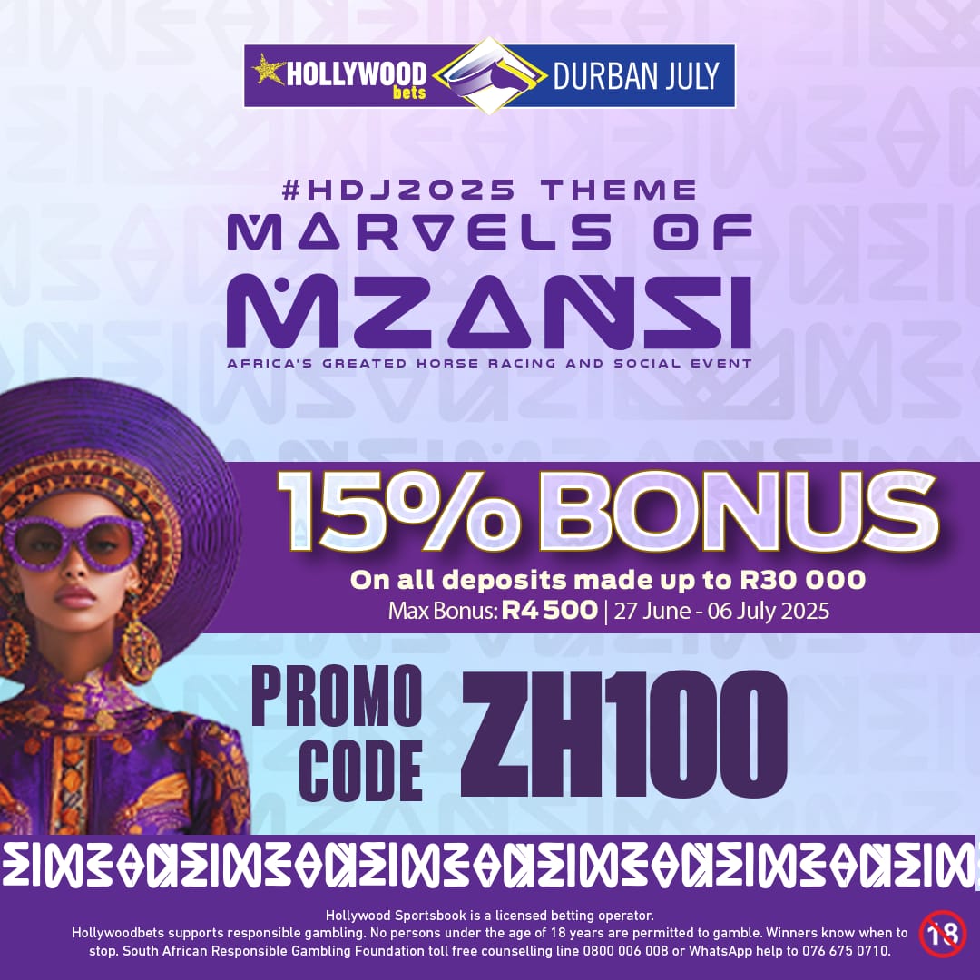 Durban is a place to be this weekend.. Offer valid till Today. 

🔥Hollywoodbets Durban July Bonus💜 #HollywoodbetsDurbanJuly 

🎯 Promocode: ZH100
🔗 Register here:  bit.ly/HB-ZH100
• 15% bonus on all deposits | Up to R4 500 in bonus funds.
   18+ only. Ts &amp; Cs apply.