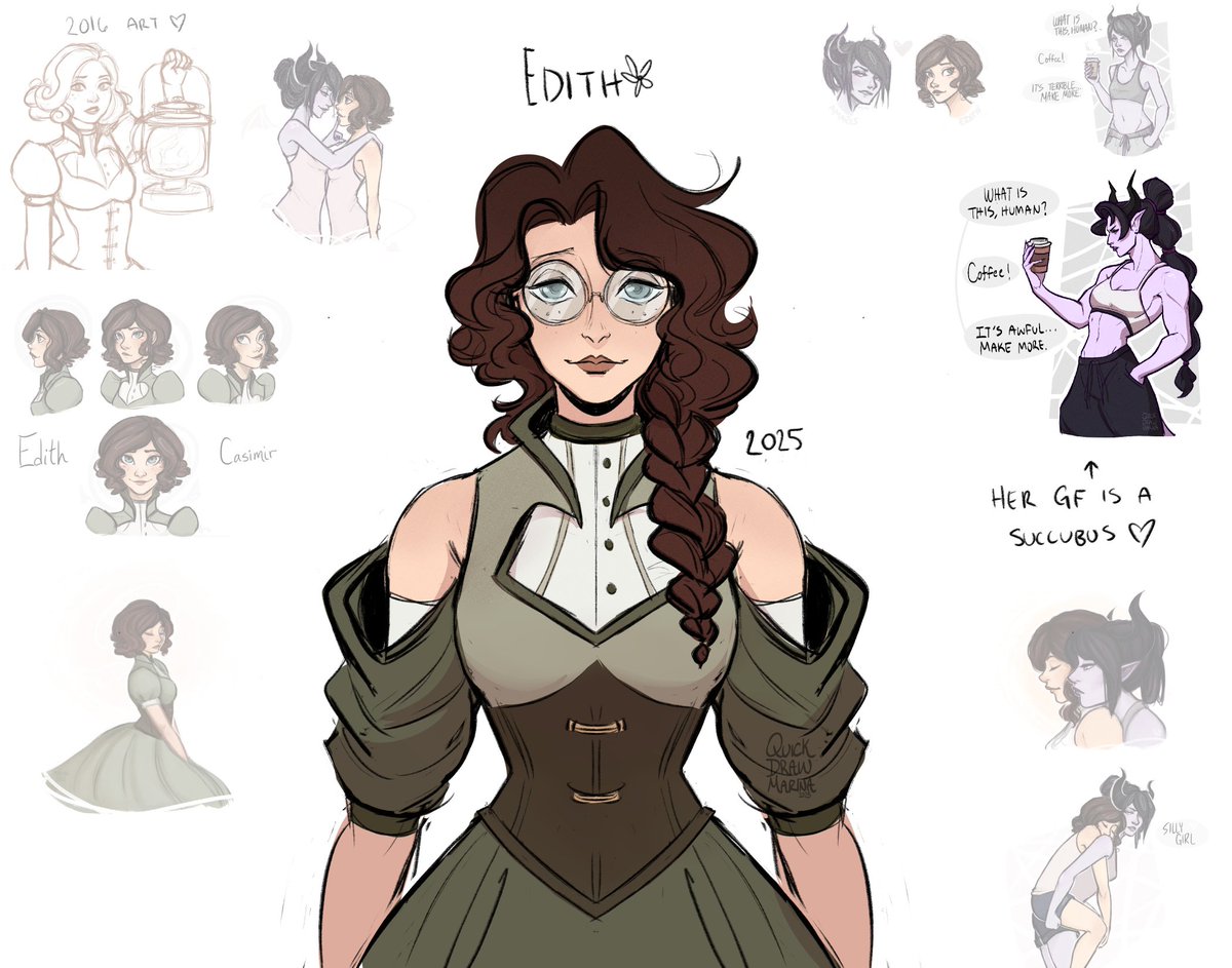 QuickDrawMarina's tweet image. Reworking a character from 2016 -- Edith and Amaris is the earliest WLW OC couple I have made that I can currently remember that were canon lesbian from the start. They also had a planned happy ending 💜