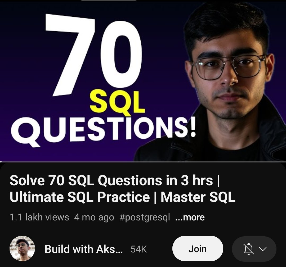 KrishnaNaraKun's tweet image. If you have studied, basics of SQL and now want to practice some standard questions....... This playlist is for you 😁 

70+ important questions for sql, solved in one single video, in 3 hours.

Link in comments 😎👇