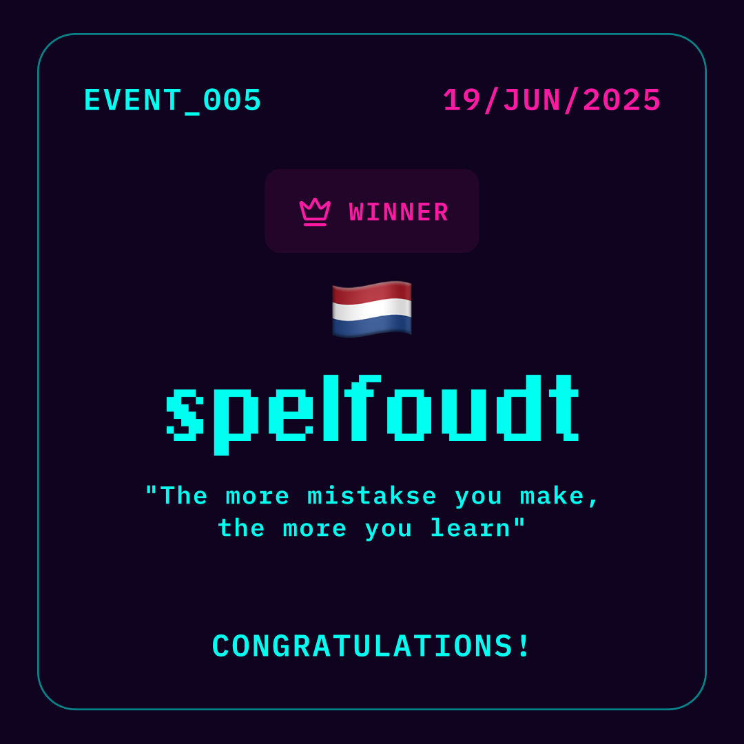 solve_63's tweet photo. Congratulations spelfoudt on winning EVENT_005!
   
EVENT_006 is now live! 🚀. Go join at https://t.co/lWtXmxjkbf https://t.co/TKgiKFkPbF