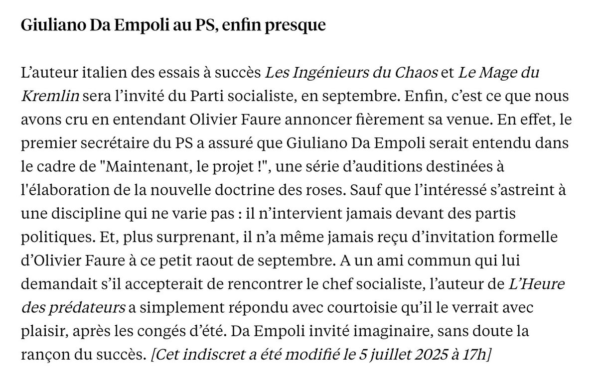 giuliano da empoli (@giulianode) on Twitter photo Je dĂ©couvre dans la presse que jâaurais acceptĂ© de « phosphorer avec Olivier Faure » en vue de la prochaine campagne prĂ©sidentielle. En realitĂ© je nâai reçu aucune invitation en ce sens et, si cela avait Ă©tĂ© le cas, je lâaurais dĂ©clinĂ©e. <a href="/LEXPRESS/">L'Express</a> (ci-dessous) restitue fidĂšlement Je dĂ©couvre dans la presse que jâaurais acceptĂ© de « phosphorer avec Olivier Faure » en vue de la prochaine campagne prĂ©sidentielle. En realitĂ© je nâai reçu aucune invitation en ce sens et, si cela avait Ă©tĂ© le cas, je lâaurais dĂ©clinĂ©e. <a href="/LEXPRESS/">L'Express</a> (ci-dessous) restitue fidĂšlement