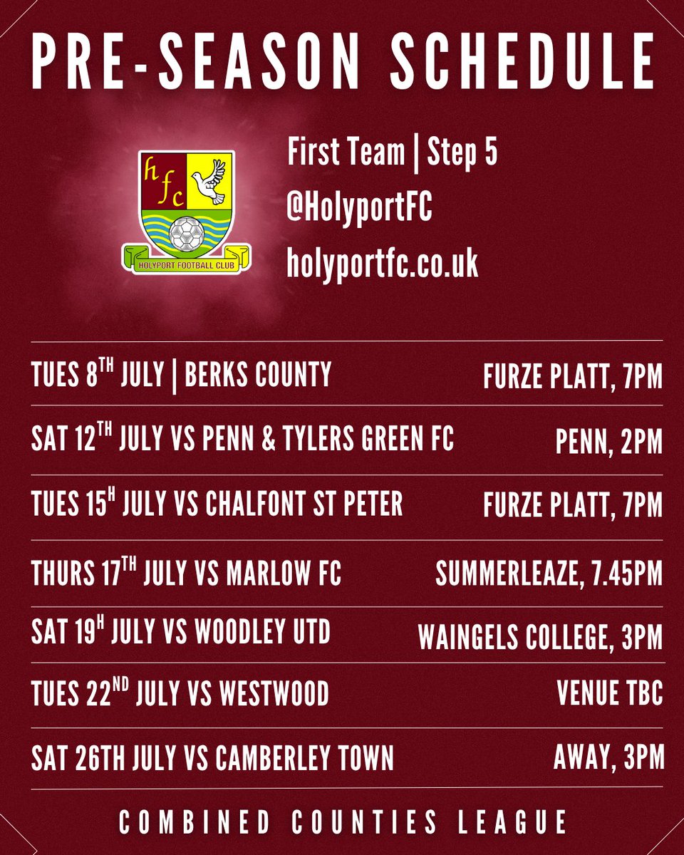 HolyportFC's tweet photo. UPDATED‼️ Our upcoming pre-season matches ahead of the season starting 29th July! 🔴🟢

@BerksCountyFC, @Penn_football, @csp_afc, @MarlowFC, @WoodleyUtdFC, @WestwoodMens, @CamberleyTownFC

#northprem #localfootball #preseason #friendly #combinedcounties #uptheport https://t.co/olRcrI3ESR