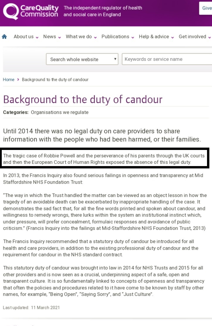 Great news Joan.

I'm not sure how long you &amp; others have been fighting for an Individual Legal Duty of Candour but without my wife &amp; I exposing its absence, 3 decades ago, at the High Court in Wales &amp; later in the UK Higher Courts &amp; ECtHR, it would never have been recommended.