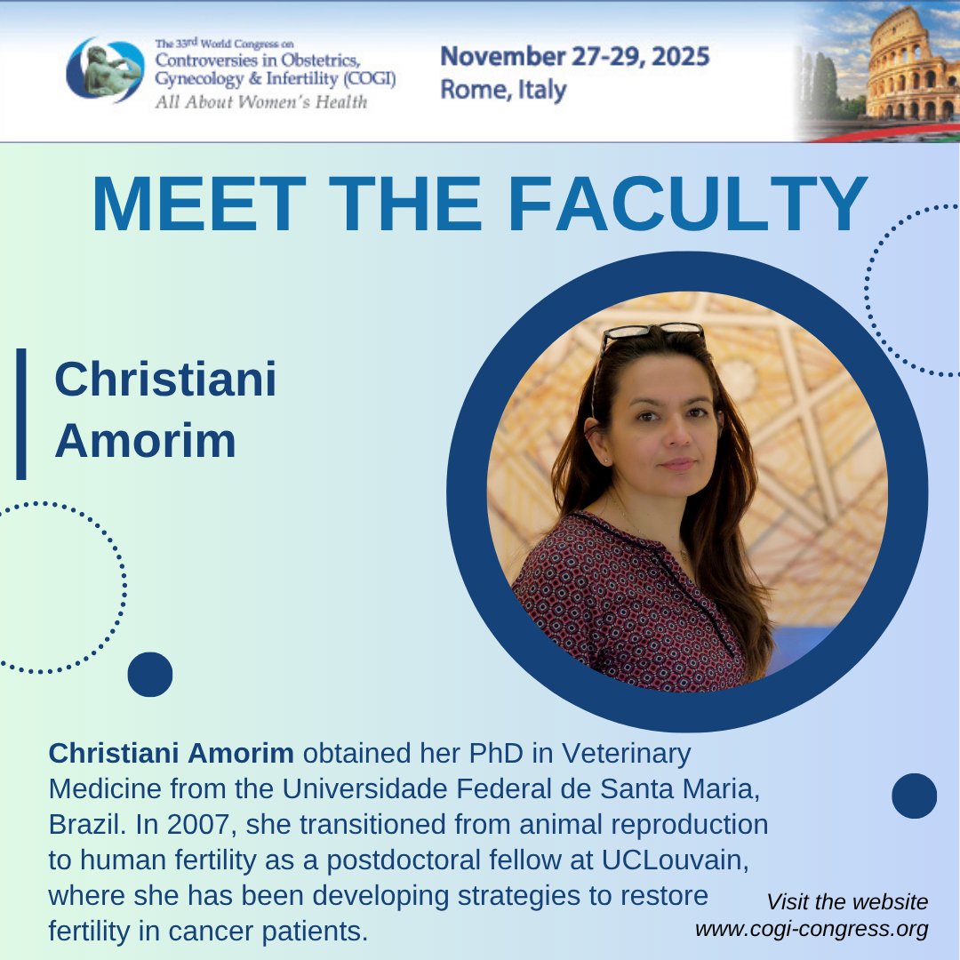 cogicongress's tweet image. Meet the Faculty of #COGI2025!
We’re excited and honored to welcome Christiani Amorim!

Prof Amorim will present a lecture on &quot; Ovarian stiffness and advanced maternal age: Implications for ART” in the session on MECHANOBIOLOGY, THE NEW FRONTIER OF THE OVARY.
 
Join her and many…