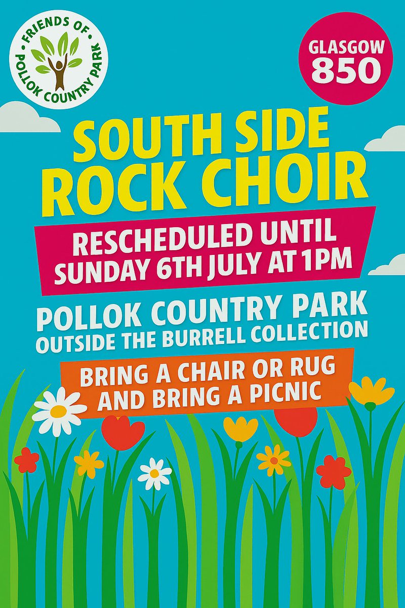 IMPORTANT: The free 2nd event of our weekend triple-header 'Southside Rock Choir' is likely to held INSIDE the The Burrell Collection auditorium. If the weather is clement enough it will still be held outside.

#FoPCP #RockChoir #Glasgow850