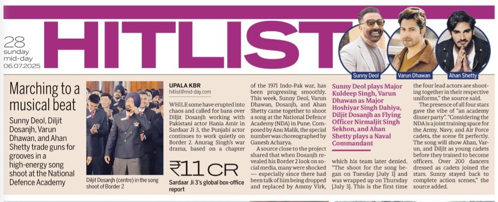 upalakbr999's tweet photo. Sunny Deol, Diljit Dosanjh, Varun Dhawan, and Ahan Shetty groove to a high-energy song shoot at the National Defence Academy in Pune for #Borde2
In @mid_day today.
https://t.co/01TtF3La8D https://t.co/B27IqMenML