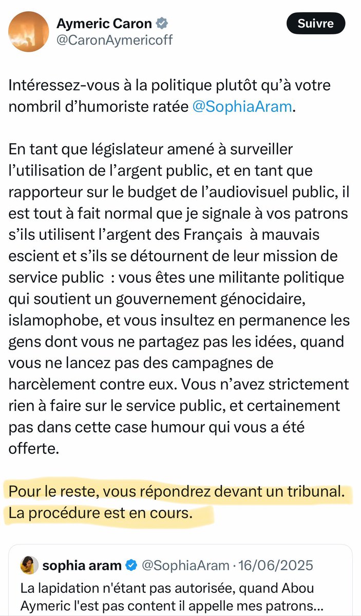 SophiaAram's tweet image. Dites Abou Aymeric, il serait peut être temps de ramasser vos attributs et de la lancer cette procédure, non ?
Sinon on va finir par penser qu'en dehors de vos petites fatwas numériques vos sempiternelles menaces de poursuites ne sont que de l'intimidation.
@CaronAymericoff