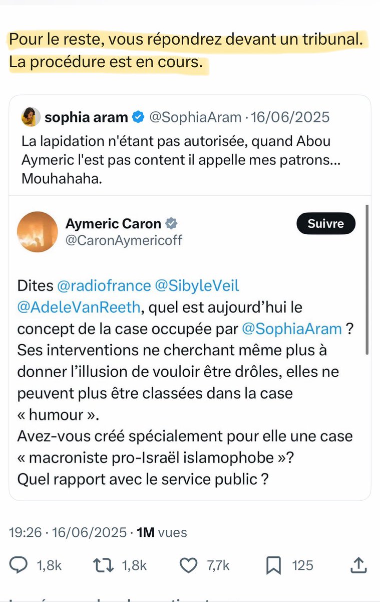 SophiaAram's tweet image. Dites Abou Aymeric, il serait peut être temps de ramasser vos attributs et de la lancer cette procédure, non ?
Sinon on va finir par penser qu'en dehors de vos petites fatwas numériques vos sempiternelles menaces de poursuites ne sont que de l'intimidation.
@CaronAymericoff