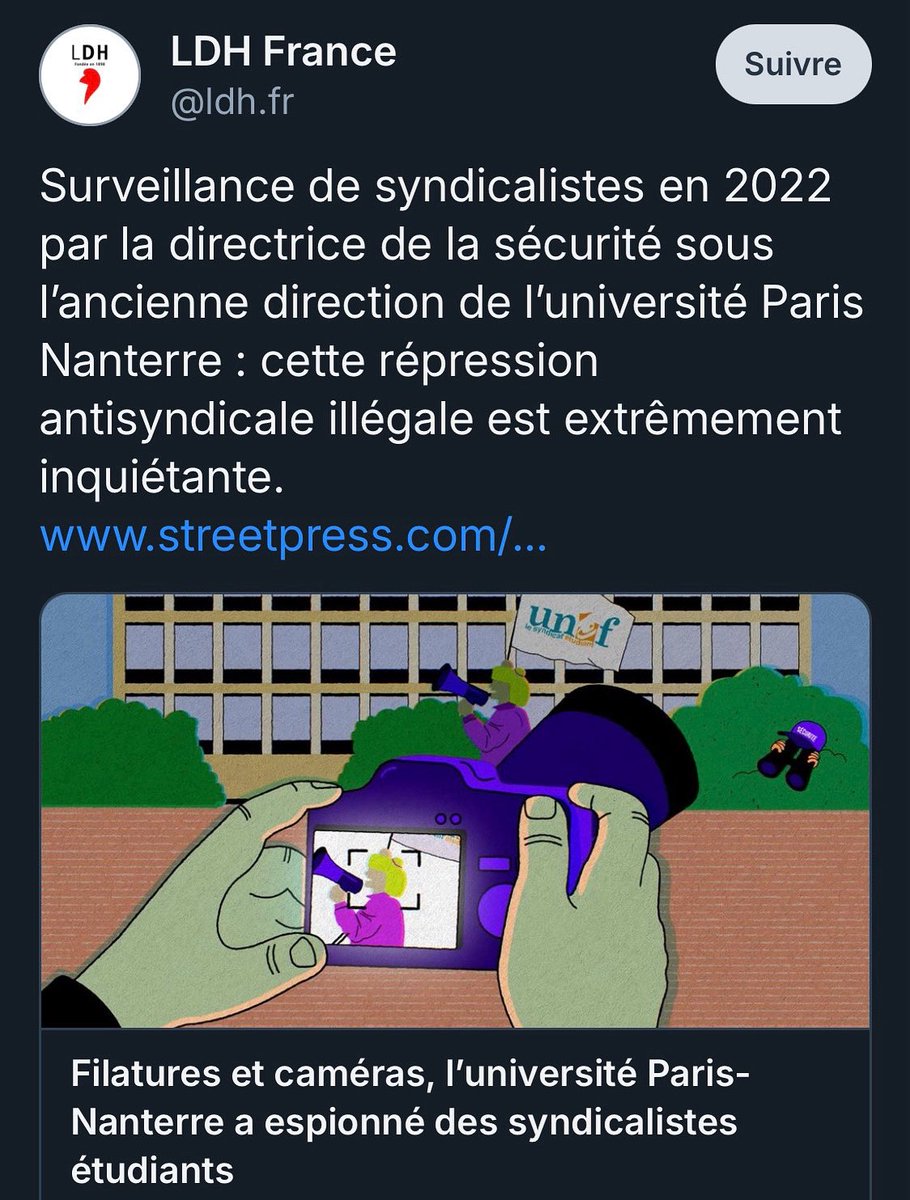 La Ligue des Droits de l'Homme <a href="/LDH_Fr/">LDH France</a> se joint aux voix qui dénoncent les actions innaceptables de la direction de <a href="/UParisNanterre/">Université Paris Nanterre</a>.

La présidence doit rendre des comptes et les responsables doivent démissionner !