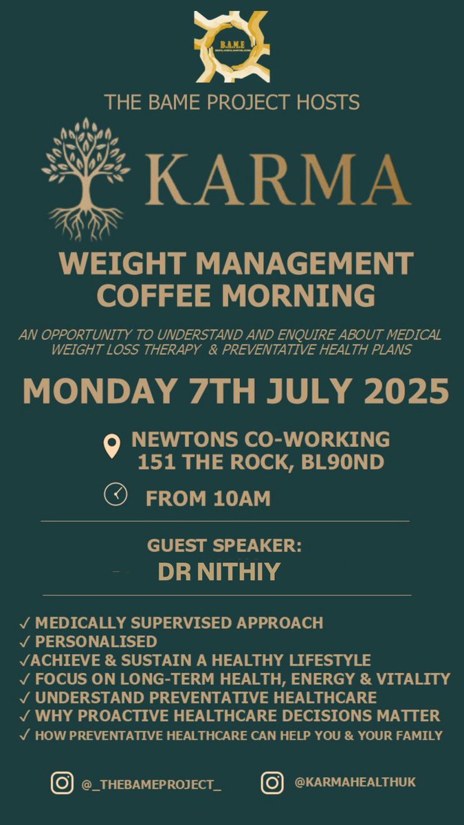 Ladies! Worried about your health &amp; weight?
Pop in to our coffee morning for expertise advise from health care professionals exclusively at <a href="/BameProject/">BAME Project</a> 
#healthylifestyle #weightmanagement 
<a href="/burylivewell/">Bury Live Well Service</a>