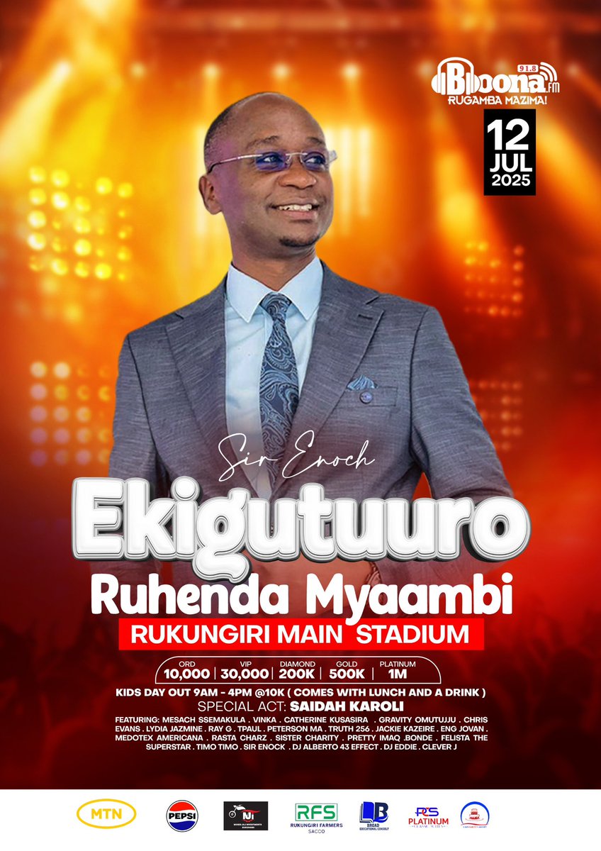 "Party alert! 🎉 <a href="/SirMcEnoch1/">Sir Enoch</a> is the official MC for <a href="/BoonaFm/">91.8 Boona FM</a> 's 8th anniversary on July 12th at Rukungiri Main Stadium! Don't miss out! 
#BoonaFmAt8" #EkiguuturoKyaBoonaFm25