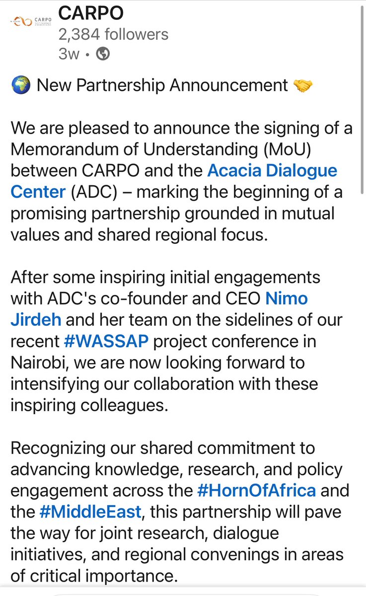 We are excited about this promising partnership. We share mutual values and regional focus covering both the Horn of Africa and the Middle East. More from us <a href="/CARPObonn/">CARPO</a> &amp; Acacia Dialogue Center !