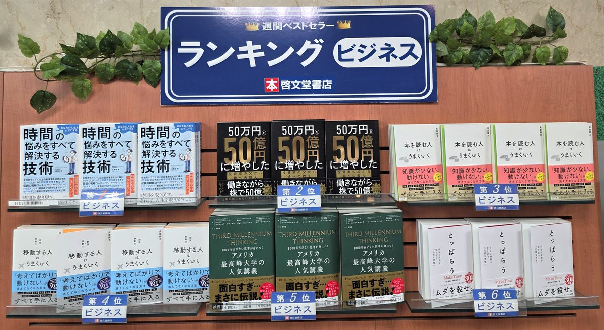 【ランキング情報】
今週(6/29～7/5調べ)のビジネス書ランキング。
お買い物の際に、お役立てください。
今週の１位「 #あなたの人生をムダにする時間の悩みをすべて解決する技術 」 #名郷根修 著 #フォレスト出版 です。
#ビジネス書　#ランキング