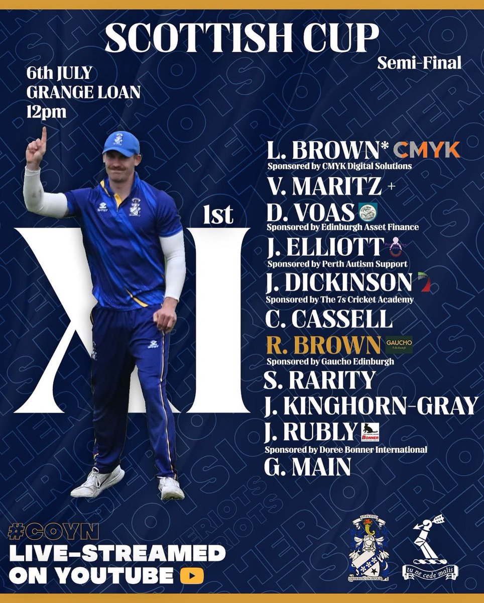Heriot’s Cricket Club (@heriotscricket) on Twitter photo 🔵⚪️ SCOTTISH CUP SF ⚪️🔵
⏰ 12:00
🏟️ Grange Loan
🆚 <a href="/CarltonCricket/">Carlton CC</a>
Come down to Grange Loan and support the team the bar will be open and also <a href="/pizza_geeks/">Pizza Geeks</a> will be around.
#coyn 🔵⚪️ SCOTTISH CUP SF ⚪️🔵
⏰ 12:00
🏟️ Grange Loan
🆚 <a href="/CarltonCricket/">Carlton CC</a>
Come down to Grange Loan and support the team the bar will be open and also <a href="/pizza_geeks/">Pizza Geeks</a> will be around.
#coyn