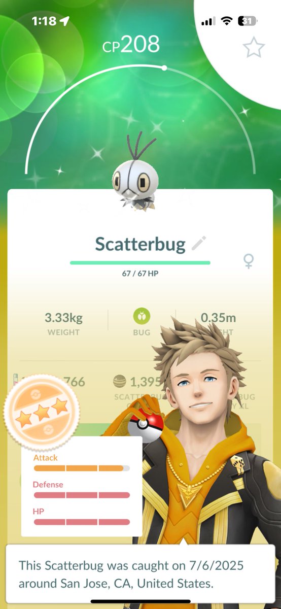 CCQT97's tweet image. Caught a shiny 98% Scatterbug and I’m still freaking out! 😱✨ Near perfect IVs and shiny? This bug’s about to evolve into something legendary! 🐛➡️🦋 #PokemonGO #ShinyScatterbug  #AlmostShundo
