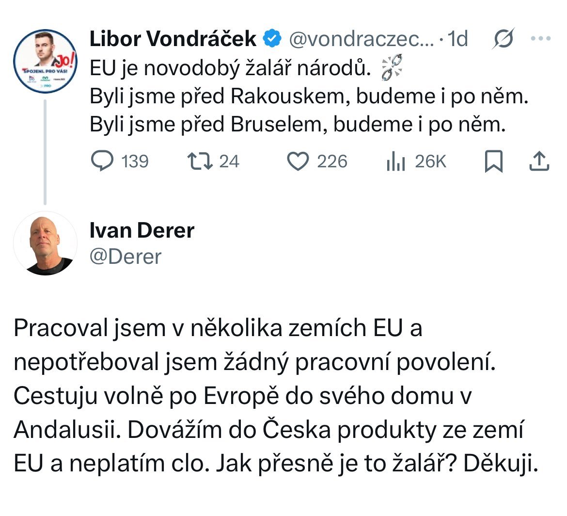 Jak vysvětlit EU v pár větách, <a href="/Derer/">Ivan Derer</a> skvěle. 👍
🇪🇺