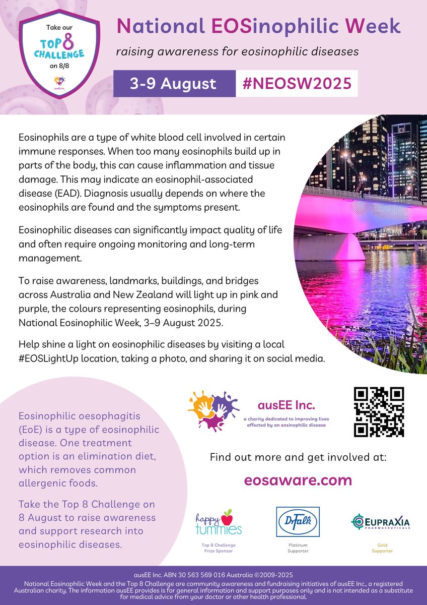 National Eosinophilic Week (NEOSW) is just 4 weeks away!

🗓️ 3–9 August 2025

Let’s raise awareness for eosinophil-associated diseases (EADs)!

👉 Check out our #EOSaware website for #NEOSW2025 resources like posters, a fun Activity Book and more: eosaware.com/NEOSWResources