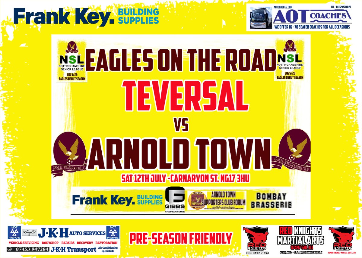 Arnold Town begin their Pre-Season Schedule with a trip to Teversal next Saturday 12th July - Probable 3pm ko time yet to be confirmed.
C'mon the Arna! Support the Eagles!