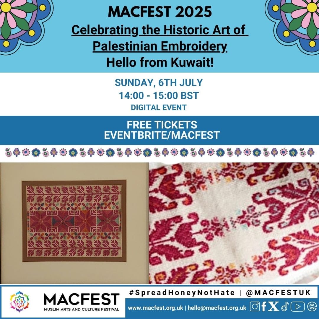 Join our last workshop this year today <a href="/MACFESTUK/">Muslim Arts & Culture Festival</a> at 2 PM to celebrate the historic art of #Palestinian #Embroidery with Yasmeen Bsaio
BOOK HERE:  eventbrite.co.uk/e/celebrating-…
 <a href="/ShelterBox/">ShelterBox</a> <a href="/manlitphil/">The Manchester Lit & Phil</a>
<a href="/QaisraShahraz/">Qaisra Shahraz MBE JP</a> <a href="/mwartfoundation/">Muslim Women's Arts Foundation</a>
#PalestinianEmbroidery