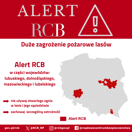 ‼️Uwaga! Alert RCB‼️

"Uwaga! Duże zagrożenie pożarowe lasów. Zachowaj ostrożność i nie używaj ognia w lesie i jego sąsiedztwie."

Alert RCB został wysłany do odbiorców przebywajacych na terenie części:
🔹woj. lubuskiego (powiat krośnieński);
🔹woj. dolnośląskiego (powiaty: