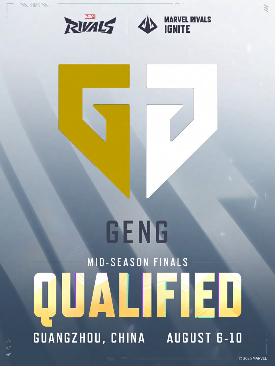 Rivals__Esports's tweet image. 🏆 @geng_gold continues their legacy of greatness, showcasing the strength of this elite team!
A fierce competitor awaits in China for the Marvel Rivals Ignite Mid Season Finals! Let’s pack the stands, bring the noise, and show GENG our support!
💥 Stay tuned for the latest…