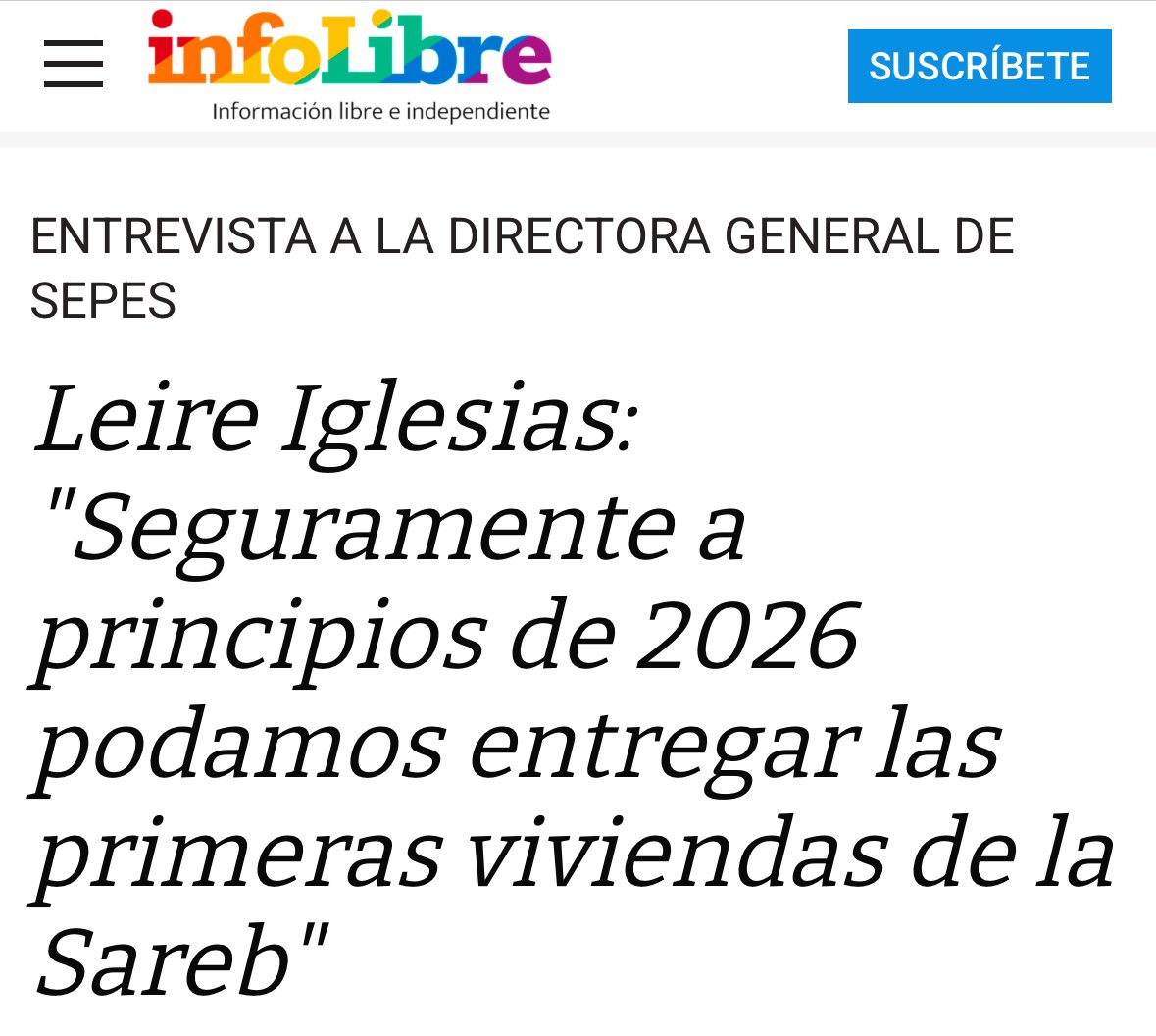 2026 és tard, molt tard. 

La Sareb, o la nova empresa estatal, ha de fer una compra massiva d’habitatge que llogar barat ja.

A més, regular lloguer indefinit, prohibir la compra a fons voltor, restringir el lloguer de temporada i unflar a impostos als rendistes i especuladors.