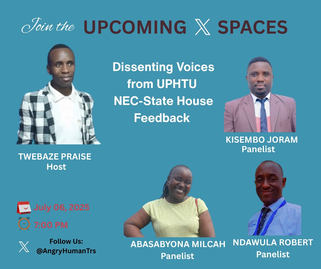AngryHumanTrs's tweet image. Dear All, Join us this evening on 6th July 2025 at 7pm on this X space as we discuss at length the misrepresentation by the UPHTU NEC and way forward 
x.com/i/spaces/1ZkKz…