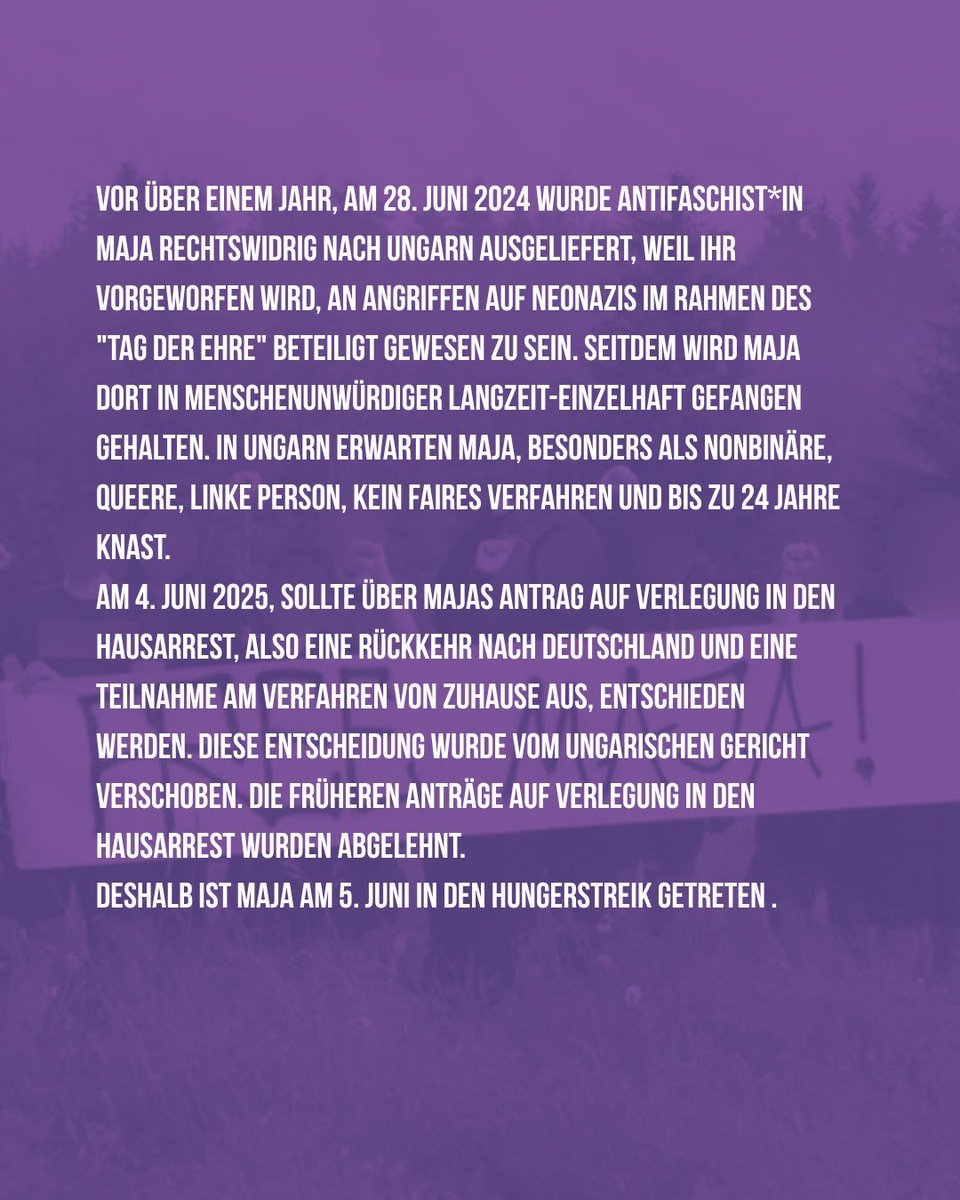 Am 2. Juni waren wir aus Solidarität mit dem Hungerstreik von Antifaschist*in Maja auf der Straße. Am 4. Juni haben wir außerdem einen Soli-Tresen für Maja im Subbotnik veranstaltet, um Geld für das langwierige und teure Verfahren zu sammeln. 
#BringMajaBack