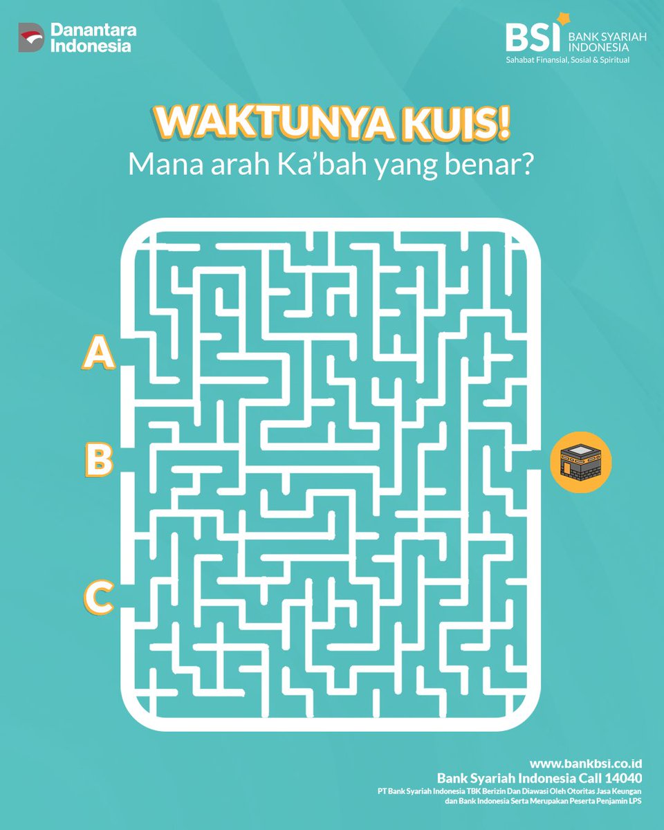 Bank Syariah Indonesia (@bankbsi_id) on Twitter photo Assalamu’alaikum, Sahabat Syariah!
Mau saldo e-wallet senilai 300K untuk 3 orang pemenang?
Caranya gampang :
1. Temukan jalur yang benar menuju ka'bah!
2. WAJIB follow <a href="/bankbsi_id/">Bank Syariah Indonesia</a>
3. Like postingan ini & WAJIB share postingan ini
4. Tulis Jawaban kamu di kolom komentar dan Assalamu’alaikum, Sahabat Syariah!
Mau saldo e-wallet senilai 300K untuk 3 orang pemenang?
Caranya gampang :
1. Temukan jalur yang benar menuju ka'bah!
2. WAJIB follow <a href="/bankbsi_id/">Bank Syariah Indonesia</a>
3. Like postingan ini & WAJIB share postingan ini
4. Tulis Jawaban kamu di kolom komentar dan