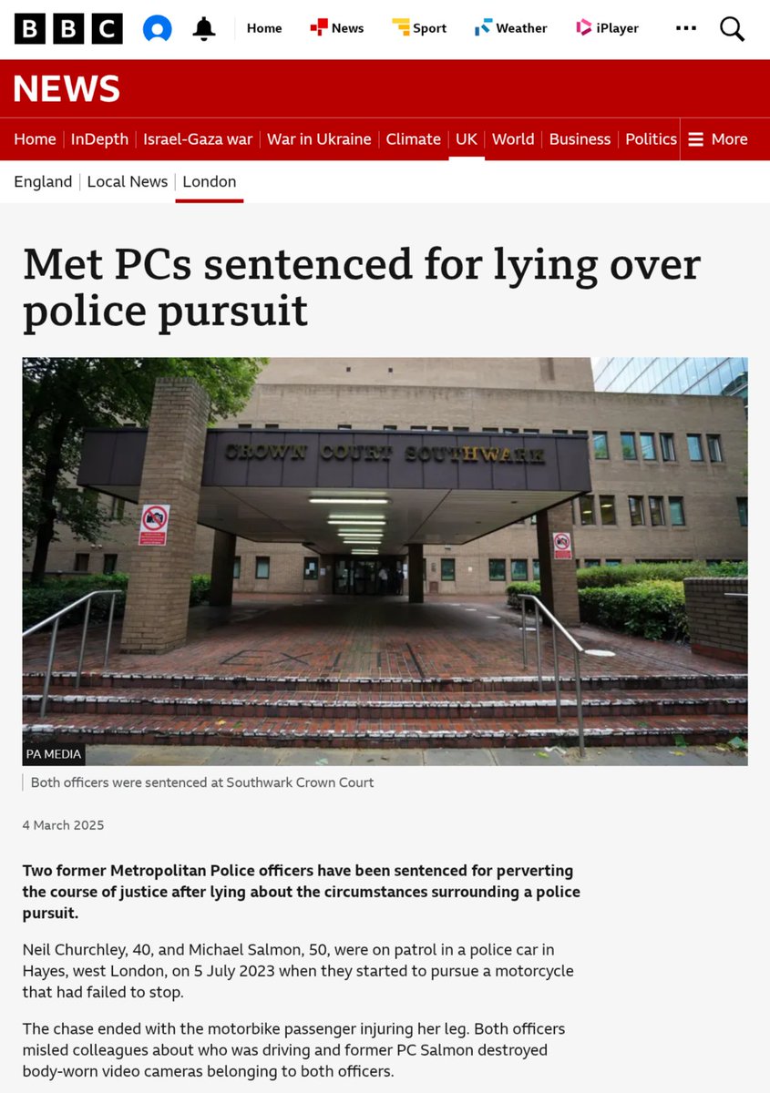 🚨 PC Churchley, 40, and PC Salmon, 50, have been sentenced for perverting the course of justice.

PC Salmon destroyed Body Worn Video cameras belonging to both officers 📸

Suspended prison sentences of 6 and 8 months respectively at Southwark Crown Court bbc.co.uk/news/articles/…