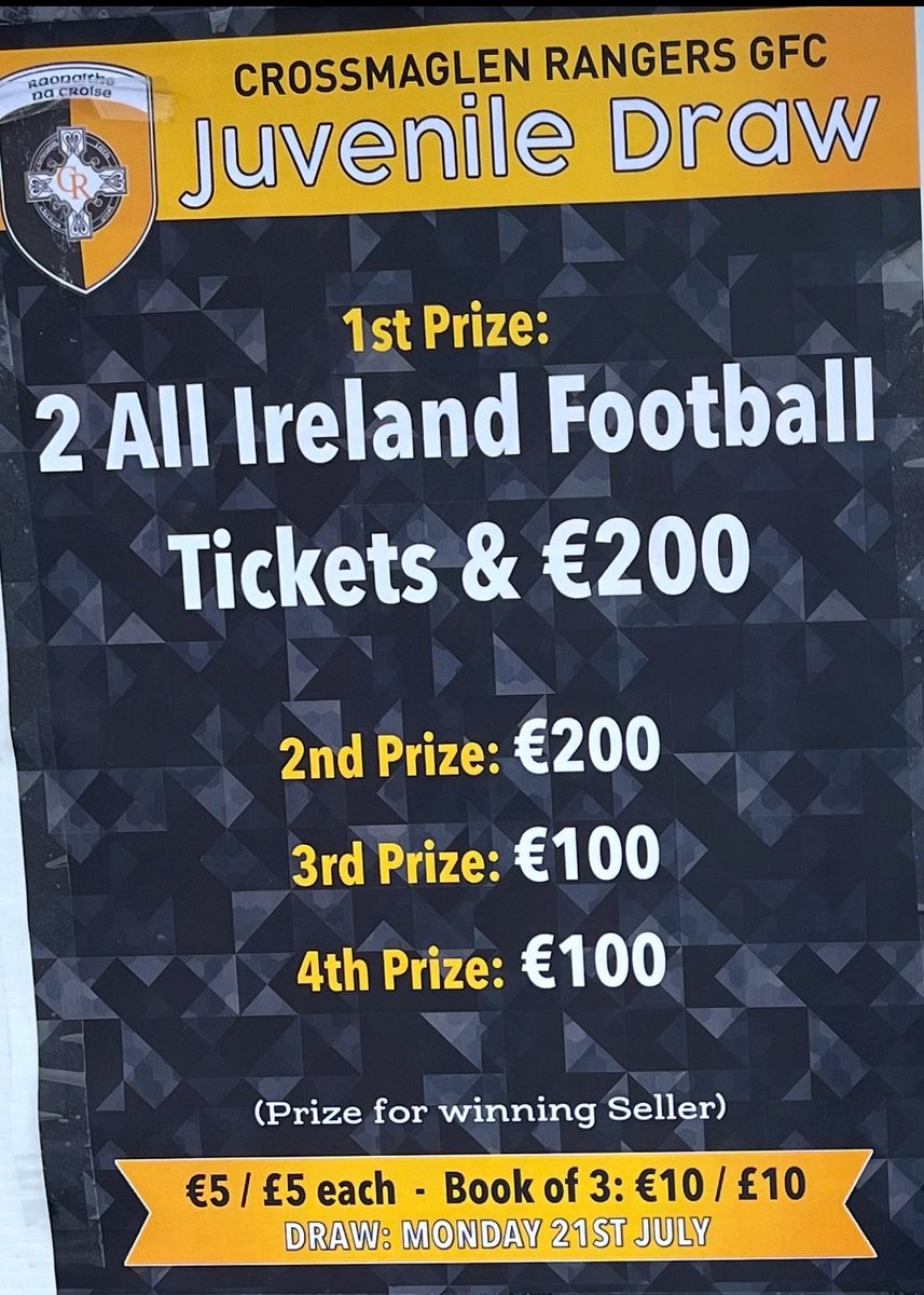 ⚫️Cross Rangers Juvenile Draw
🟠Great prizes to be won 
⚫️All proceeds go towards the underage structure of our club 
🟠Tickets can be bought from committee members or buy online ⬇️

klubfunder.com/Clubs/Crossmag…