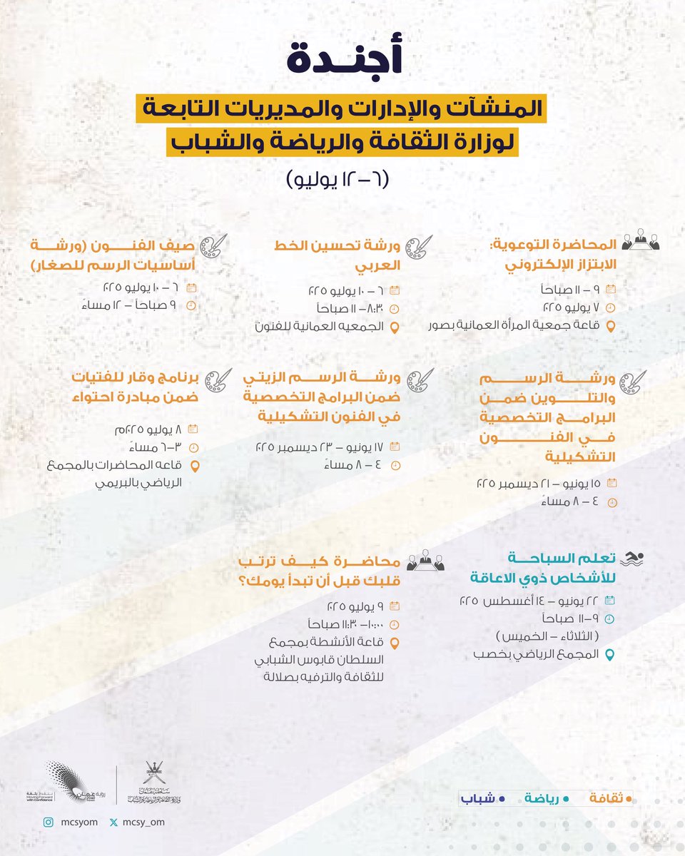 من جلسات حوارية ومعارض ثقافية، إلى ورش عمل وبرامج صيفية شبابية…
أسبوع حافل تنظمه الوزارة بمعية اﻟﻤﻨﺸﺂت والإدارات واﻟﻤﺪﻳﺮﻳﺎت اﻟﺘﺎﺑﻌﺔ لها، في مختلف ولايات سلطنة عُمان.