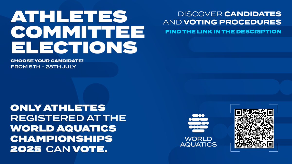 🗳️ ATHLETES COMMITTEE ELECTIONS ARE OPEN!
📅 Vote from 5th to 28th July
👤 Only athletes registered at the 2025 World Aquatics Championships can vote.
🔍 Discover candidates and voting procedures scan the QR code or bit.ly/40zuZIi .

Let your voice be heard! 🌍💪
