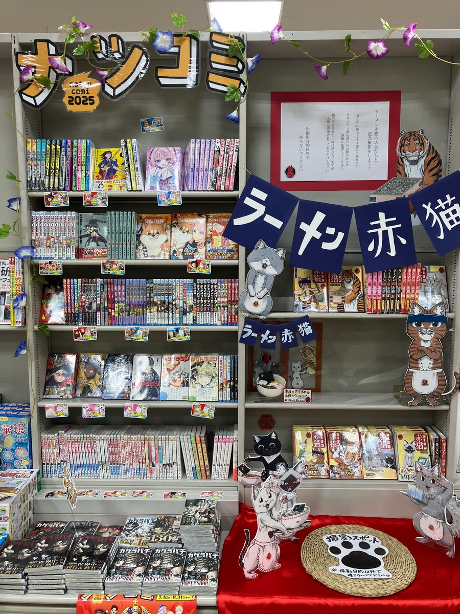 🌻集英社ナツコミコーナーに撮影スポット完成！🌻
ラーメン赤猫の猫店員さんたちと
記念撮影が出来ます🐱📸
ルールを守って楽しく撮影してほしいニャ🍜
#ナツコミ2025 ＃ラーメン赤猫