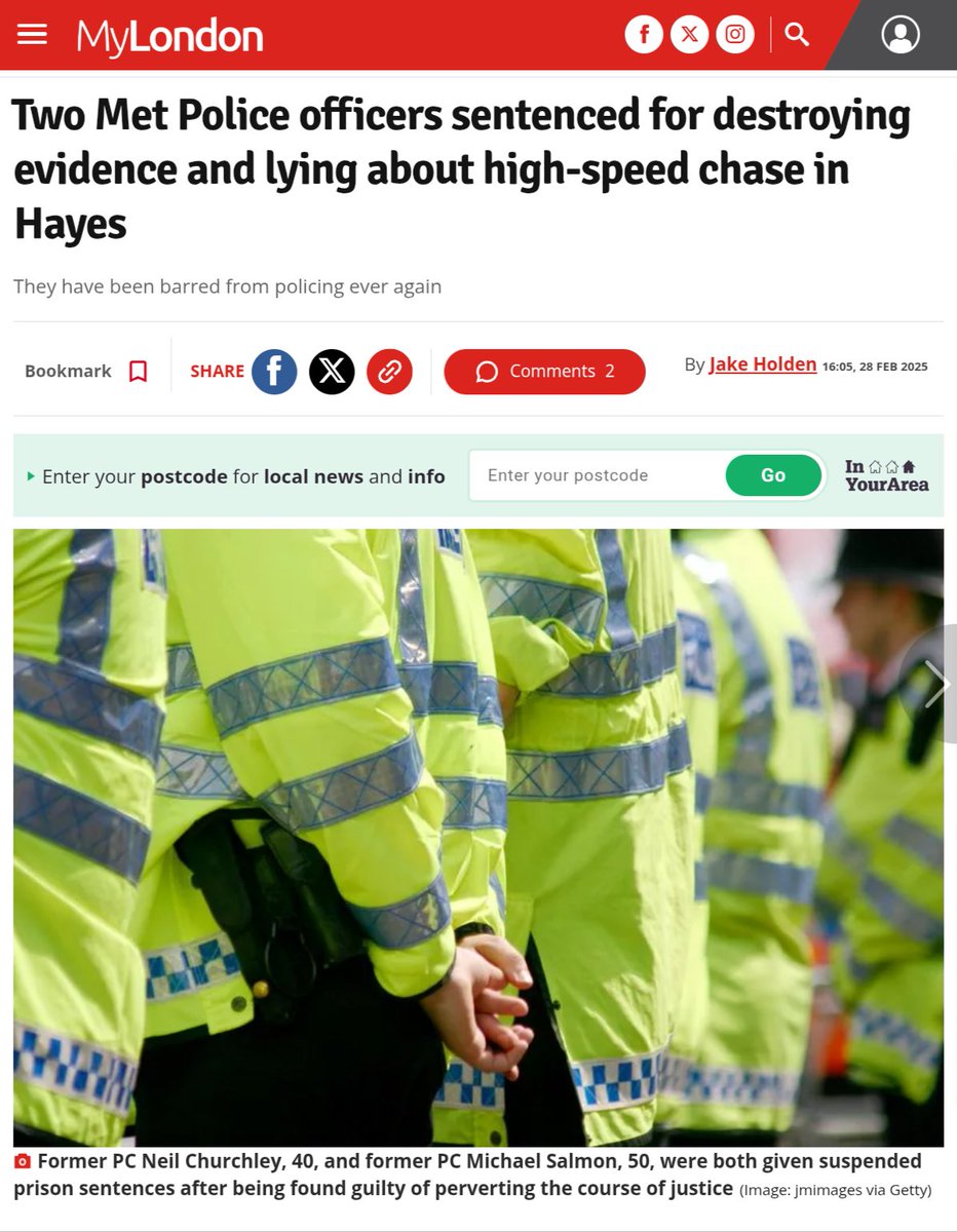 PC Churchley, 40, &amp; PC Salmon, 50, have been sentenced for destroying Body Worn Video (BWV) evidence and lying about a high-speed police chase they were involved in. They were found guilty of perverting the course of justice &amp; received suspended sentences. mylondon.news/news/two-met-p…
