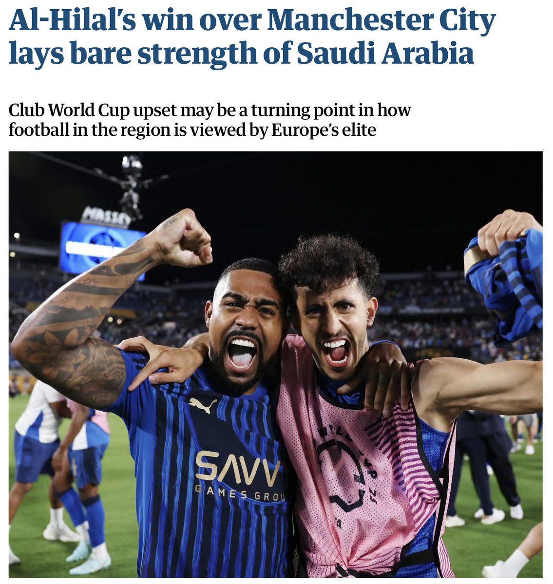 صحيفة الجارديان:

–  فوز #الهلال على #مانشستر_سيتي  يهز عالم كرة القدم.

– رغم الغيابات والإصابات، الهلال قدّم أداءً كبيرًا.

– هذا الفوز يعزز صورة الدوري #السعودي كمنافس عالمي.

– الهلال لم يعد "مفاجأة" بل منافس حقيقي على اللقب العالمي.