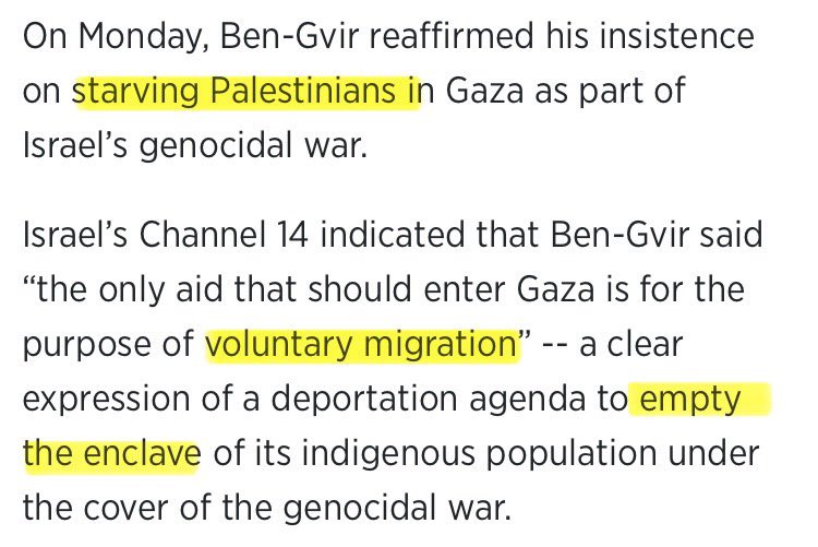 Top Israeli officials once again publicly double-down on calls for war crimes, starvation and ethnic cleansing of every innocent man, woman and child in Palestine. Using starvation as a tool to force complete ethnic cleansing, so that Israel can steal their land. 

Genocide.