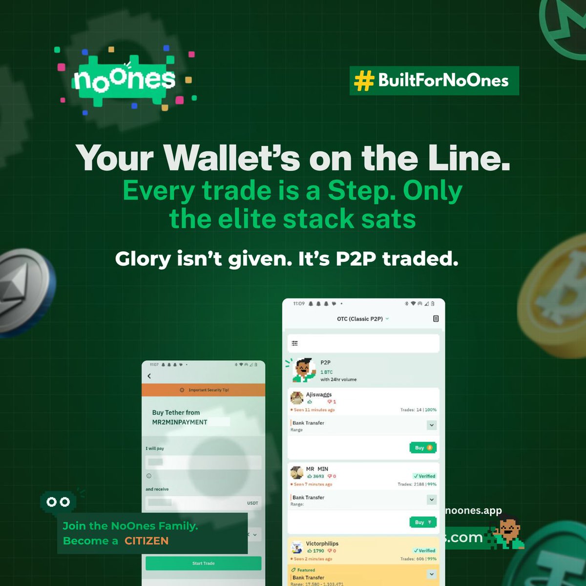 Your wallet. Your hustle. Your money.
Every trade on #NoOnes is a chance to make real cash buying low, selling high, stacking sats or stablecoins.

#P2P trading isn’t just for techies it's how smart people flip crypto into profit. No office, no boss, just your phone and sharp