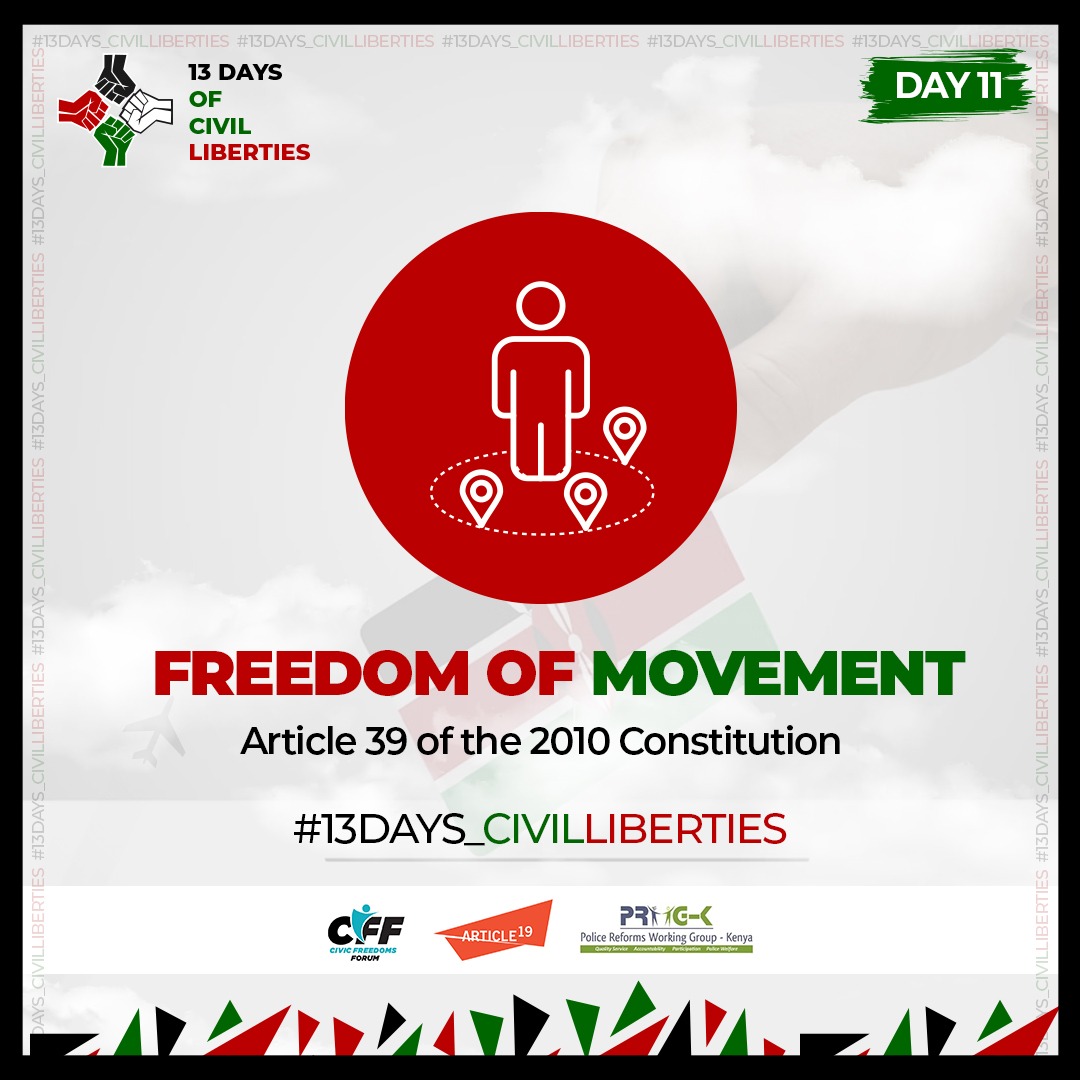 ReformsGroup's tweet image. Article 39 of the Constitution of Kenya guarantees every person the right to freedom of movement and residence. No one should be blocked, confined, or restricted unlawfully. #RightToProtest #13Days_CivilLiberties #FreedomofExpression #EndPoliceBrutalityKE