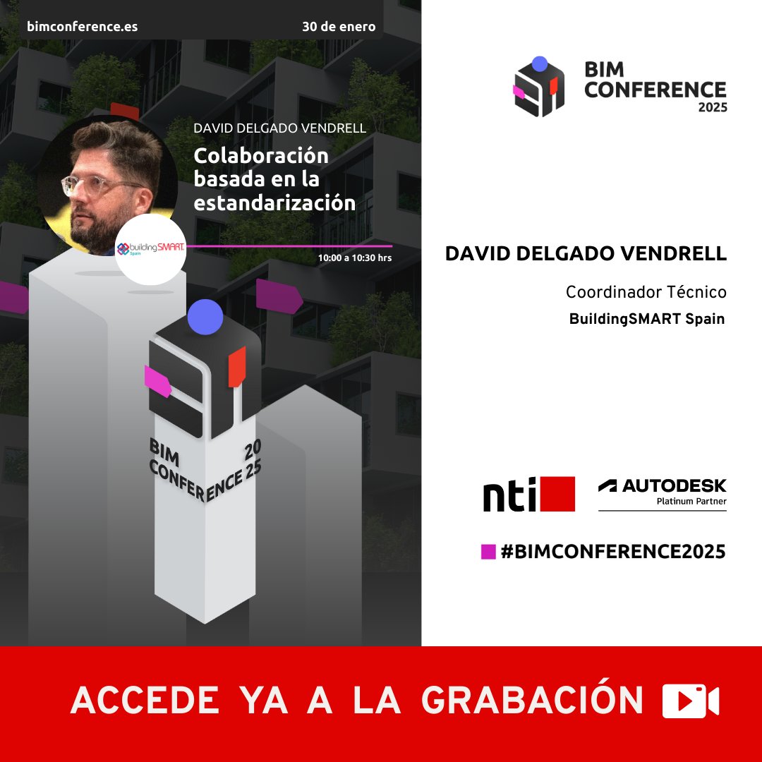 🎥 Grabación disponible:

Colaboración basada en la estandarización
David Delgado Vendrell (buildingSMART Spanish Chapter) comparte su experiencia en la BIM Conference 2025.
👉 f.mtr.cool/bepxdsrsnr

#BIMConference #Autodesk #BIM #Estandarización #NTISpain #NTIGroup