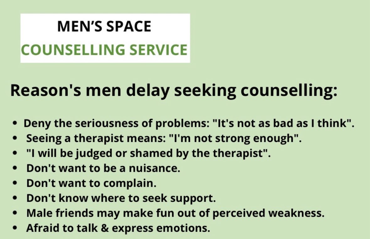 Reason's men maintain their suffering &amp; delay seeking counselling:

To refer into the service complete our contact links ~ anamcara-therapy.co.uk/contact

#warrenpoint #newry #southarmagh #southdown #kilkeel #rathfriland #castlewellan #newcastle #camlough #crossmaglen #dundalk #louth
