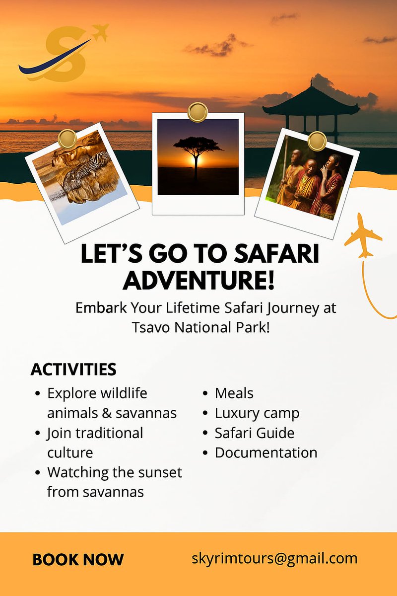 Skyrim Tours & Travels (@skyrim_travels) on Twitter photo Ready for a wild escape?
Join Skyrim Tours for a thrilling Safari at Tsavo National Park! ๐
โ
Wildlife & savannas
โ
Cultural experiences
โ
Luxury camp & meals
โ
Sunset views & more!
๐ฉ Book now: skyrimtours@gmail.com
#Safari #Tsavo #Wildlife #SkyrimTours #SafariAdventure Ready for a wild escape?
Join Skyrim Tours for a thrilling Safari at Tsavo National Park! ๐
โ
Wildlife & savannas
โ
Cultural experiences
โ
Luxury camp & meals
โ
Sunset views & more!
๐ฉ Book now: skyrimtours@gmail.com
#Safari #Tsavo #Wildlife #SkyrimTours #SafariAdventure