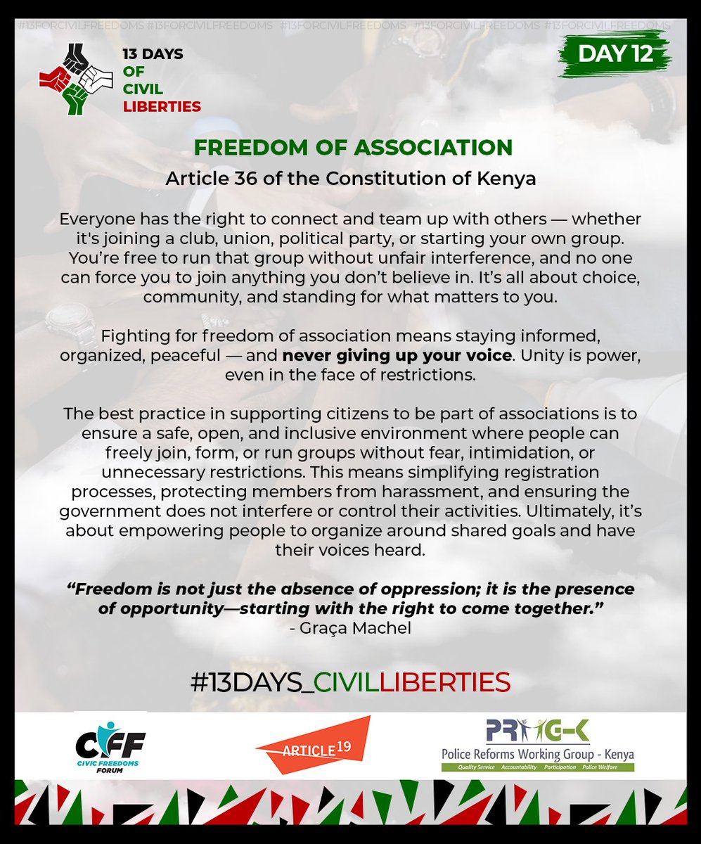 ReformsGroup's tweet image. Article 36 of the Constitution of Kenya guarantees the freedom of association. Every person has the right to form, join, or participate in the activities of any association or group. #RightToProtest #13Days_CivilLiberties #FreedomofExpression #EndPoliceBrutalityKE