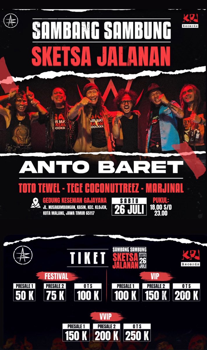 RMP_yoga's tweet photo. 📣 Ayo merapat Rek!
Saksikan penampilan musisi legendaris Anto Baret dkk. dalam konser Sambang-Sambung Sketsa Jalanan.
📍 Gedung Kesenian Gajayana, Kota Malang
🗓 Sabtu, 26 Juli 2025 pukul 18.00 s/d 23.00 WIB.

🎟 Kuota terbatas! Buruan dapatkan tiketnya

⸻
#antobaret
#kpj https://t.co/u3R7Rw8zVE