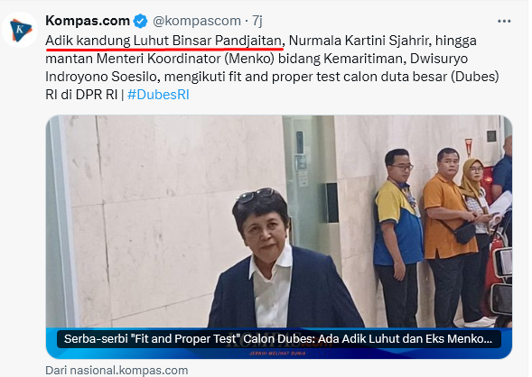 ferrykoto's tweet photo. Sy bantu captionnya agar @kompascom lebih cerdaskan publik.
Dosen UI yg juga mantan Dubes RI u/ Argentina, Kartini Sjahrir, hingga mantan Menko bidang Kemaritiman, Dwisuryo Indroyono Soesilo, mengikuti fit and proper test calon duta besar (Dubes) RI di DPR RI | #DubesRI https://t.co/glqN1I8mfa