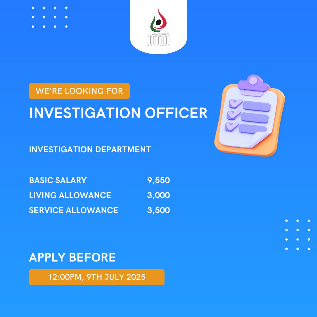 hrcmv's tweet image. Job Announcements:
Investigation Officer
HRCM website: dub.sh/oloh25j
Gazette: dub.sh/qujhOTK