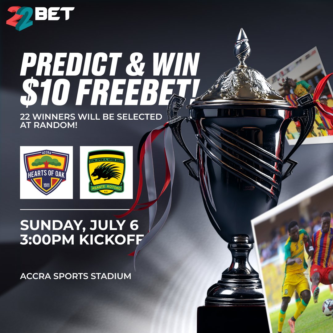 22bet_ghana's tweet image. 🏆 PREDICT &amp;amp; WIN! 🏆

Hearts of Oak ⚔️ Asante Kotoko — Who&apos;s taking the bragging rights in this epic clash? 🔥

💰 Predict the correct score in the comments and stand a chance to WIN a $10 FREEBET!
🎯 22 lucky winners will be picked at RANDOM!

📅 Sunday, July 6
⏰ 3:00PM
📍…