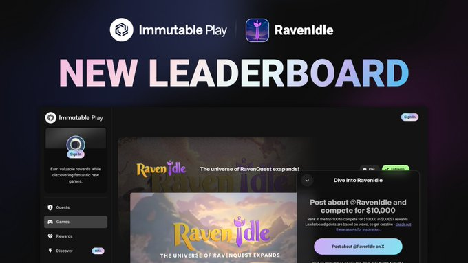 The
<a href="/RavenIdle/">RavenIdle</a>
Creator Leaderboard is now live!  Post about RavenIdle and compete for $10,000 in $QUEST rewards.  Top 100 creators win - leaderboard points are based on views.