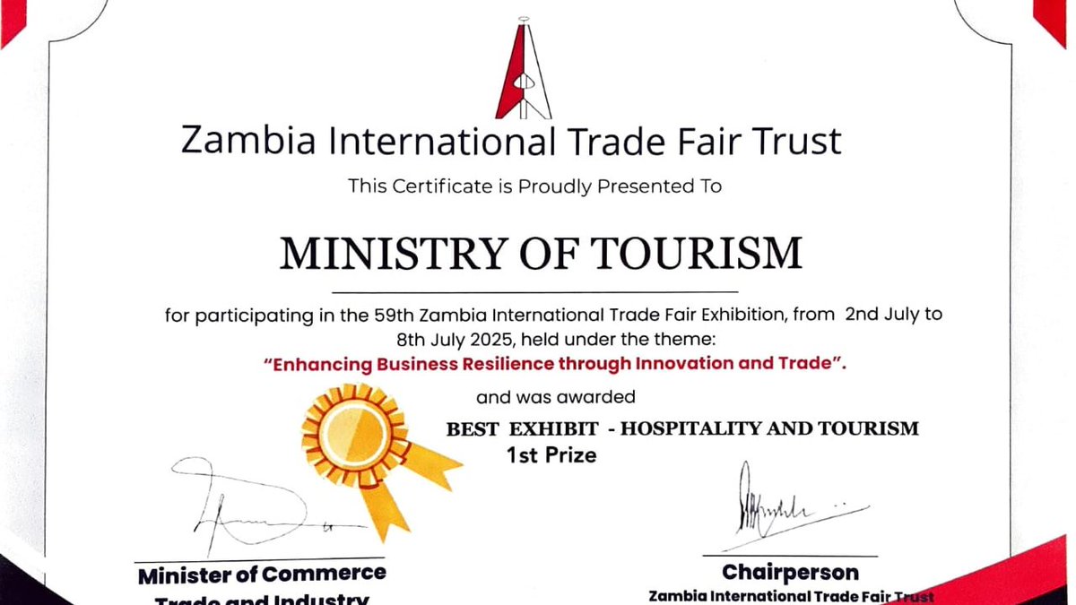 THEY CAME, THEY JUDGED , AND WE SCOOPED IT!”

Zambia Tourism Agency (ZTA) is excited to announce the award of “Best Exhibit - Hospitality and Tourism 1st Prize” to the Ministry of Tourism, at the ongoing 59th Zambia International Trade Fair (ZITF) in Ndola.

#ZITF2025 #ZTA